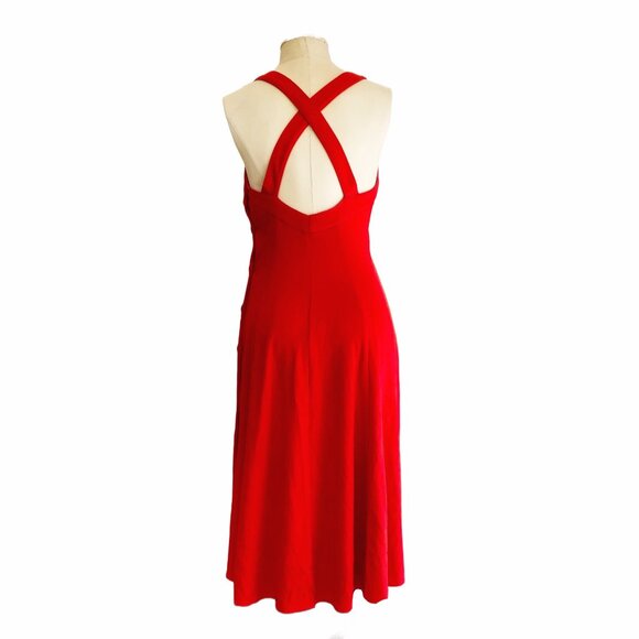 Vintage 80s Red Midi Dress Sweetheart Neckline Cross Back Retro Party Size Small - Picture 3 of 8